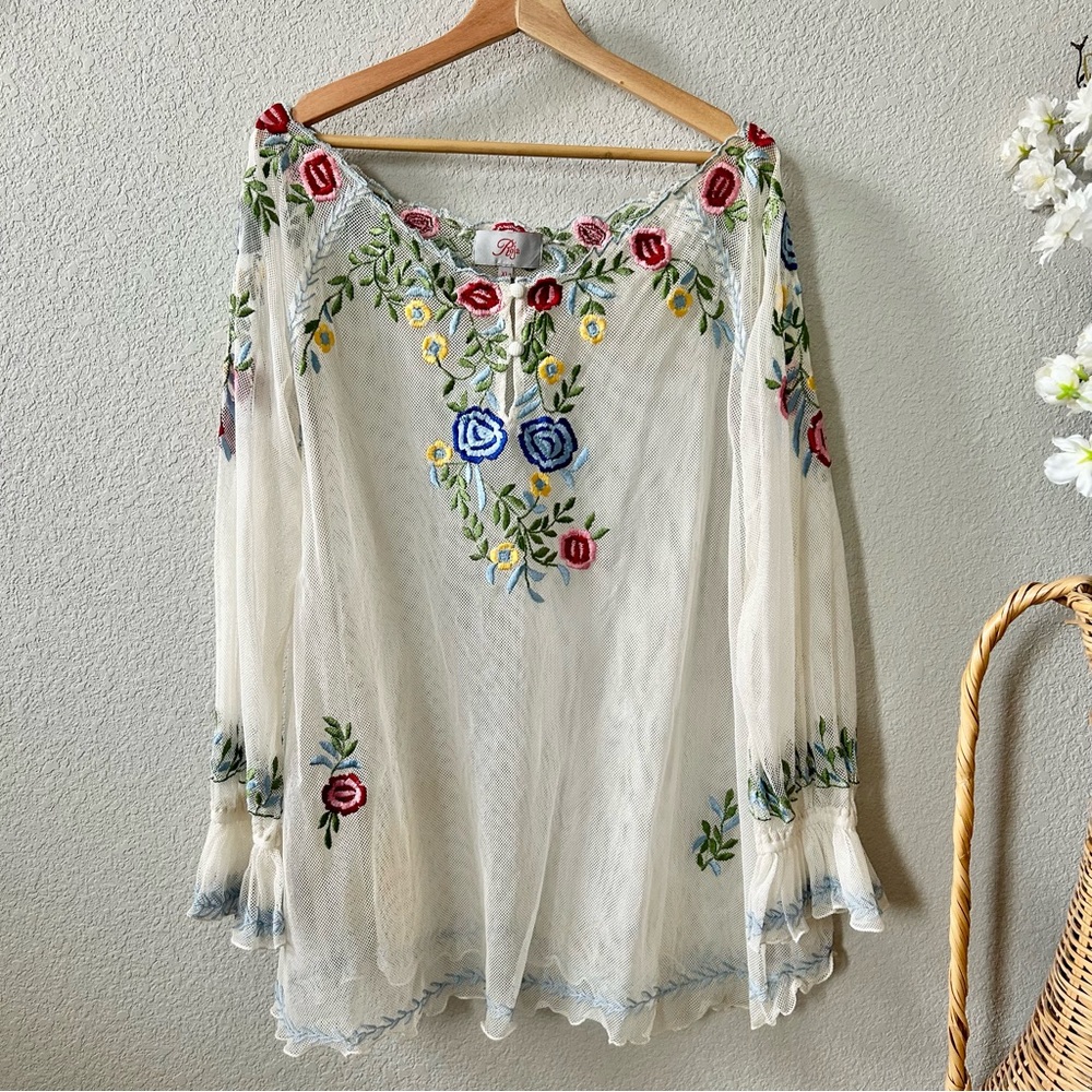 NEW Roja White Mesh Floral Embroidered Top Size XL 100% Cotton Boho Western